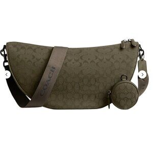 Coach Mens Hall Soft Sling Bag 45 Signature Jacquard Olive Drab Army Green NEW